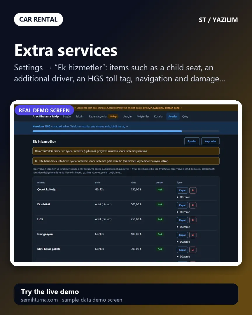 Car Rental Fleet and Booking Tracker, Extra services