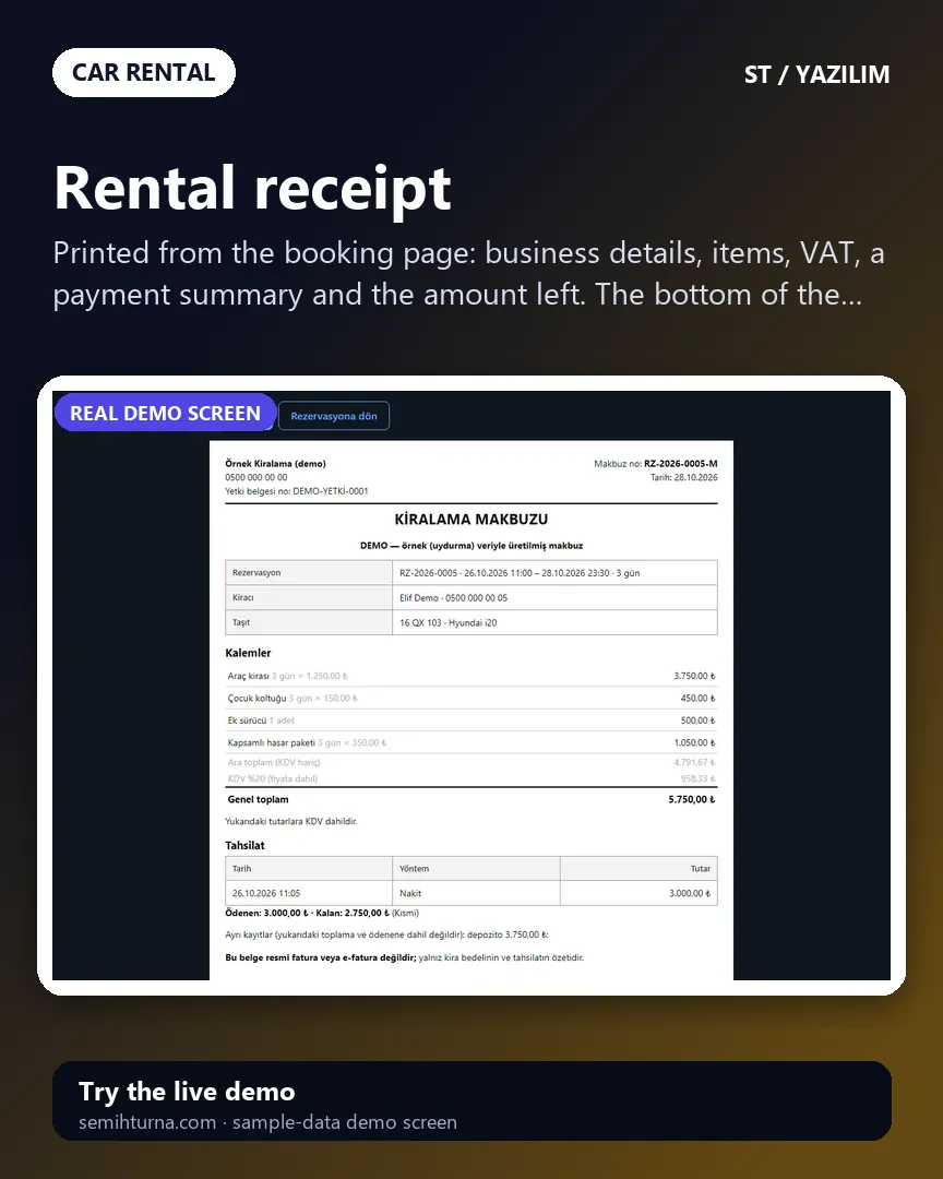 Car Rental Fleet and Booking Tracker, Rental receipt