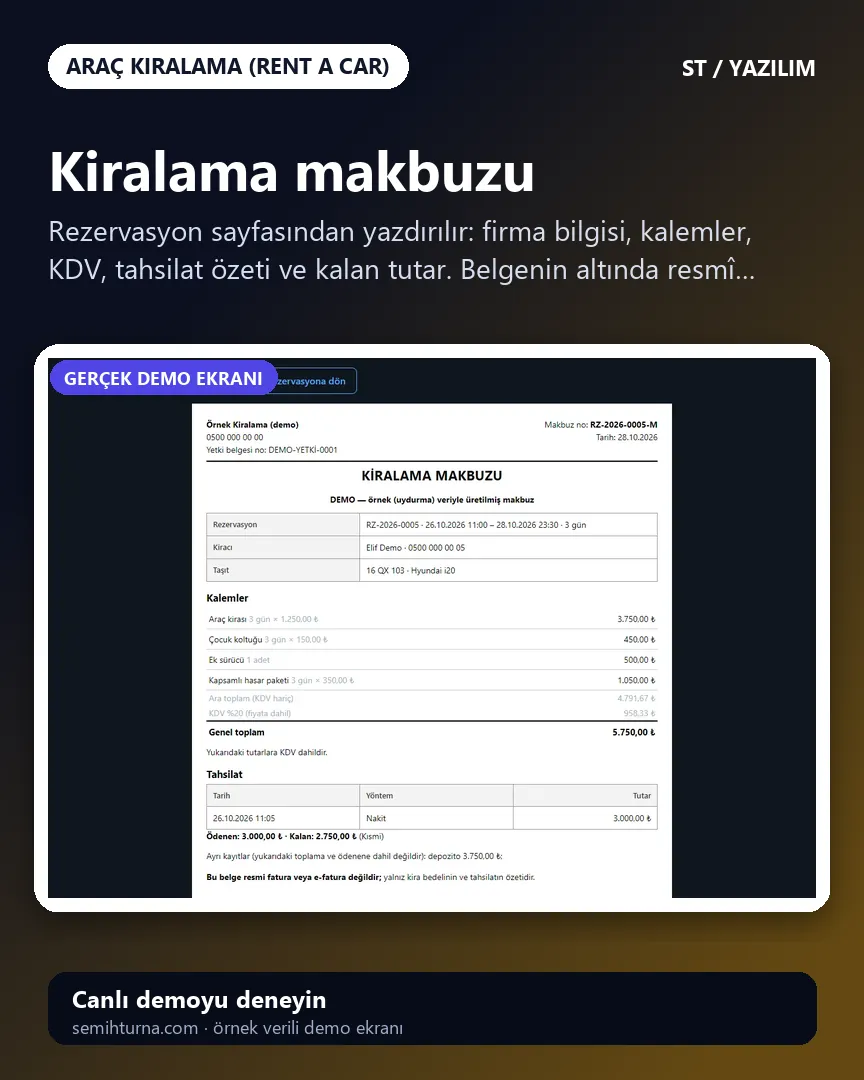 Araç Kiralama Takip, Kiralama makbuzu