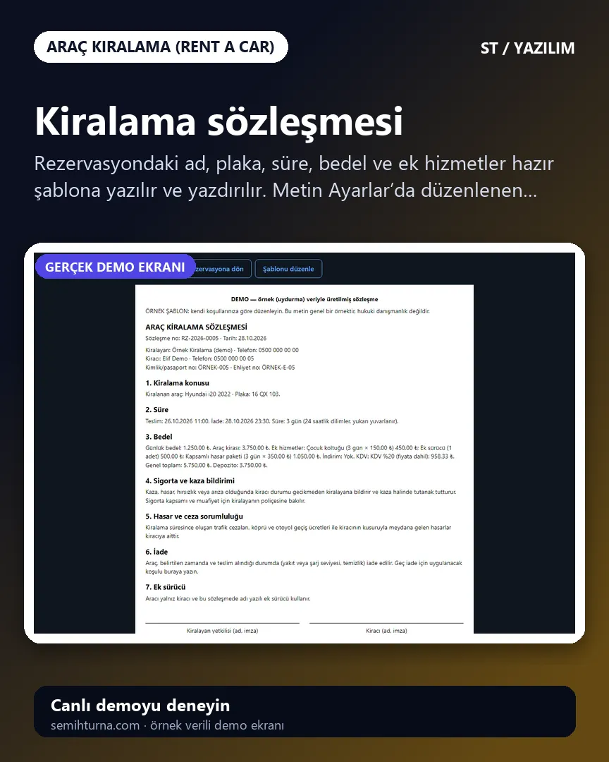 Araç Kiralama Takip, Kiralama sözleşmesi