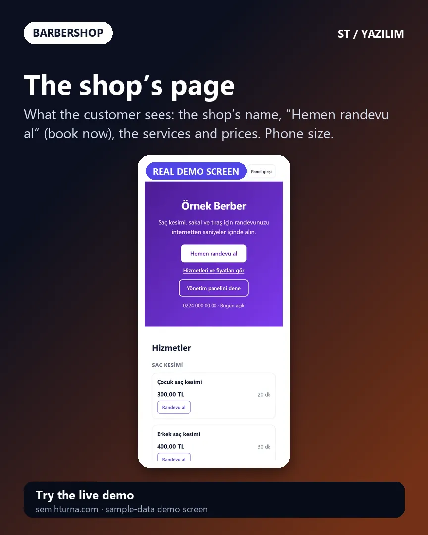 Barbershop Booking and Business Tracking, The shop’s page