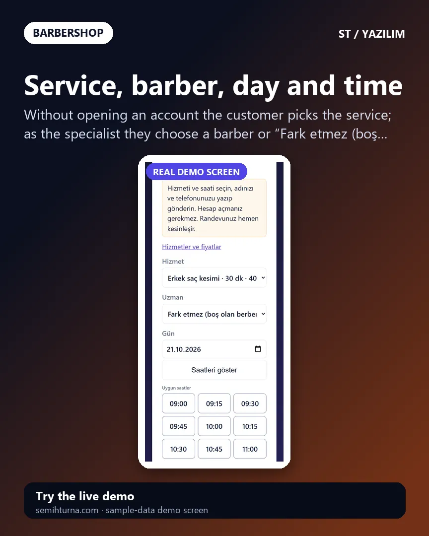 Barbershop Booking and Business Tracking, Service, barber, day and time