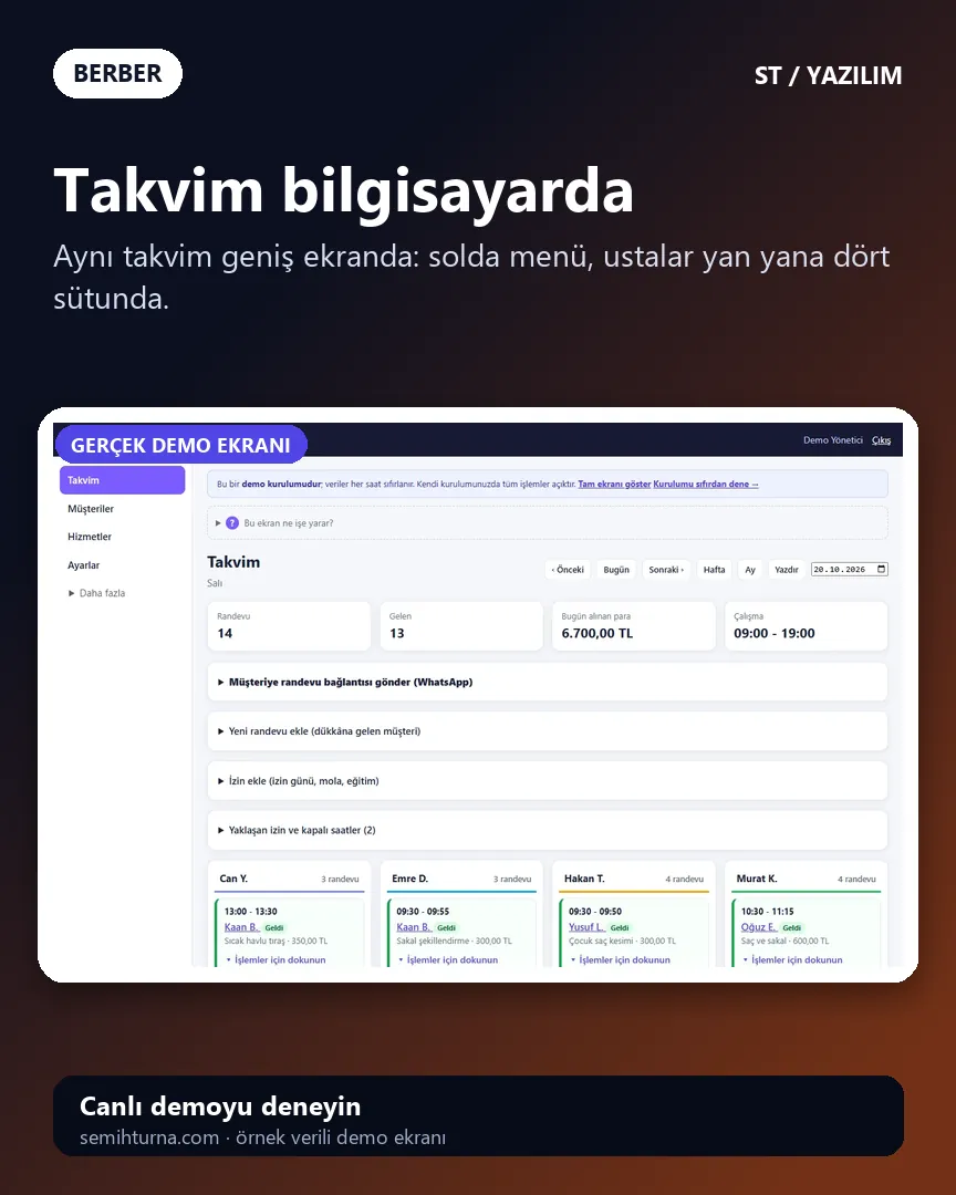 Berber Randevu ve İşletme Takibi, Takvim bilgisayarda