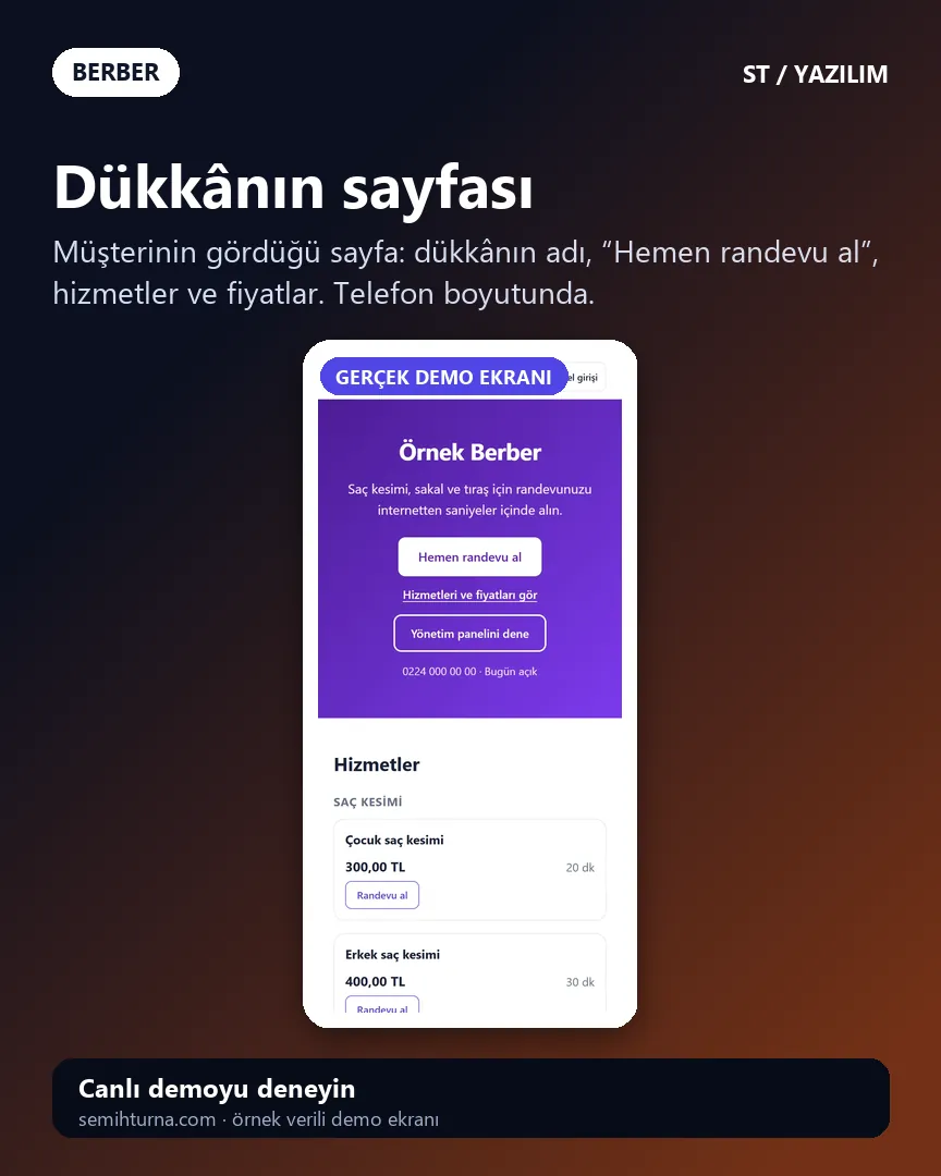 Berber Randevu ve İşletme Takibi, Dükkânın sayfası