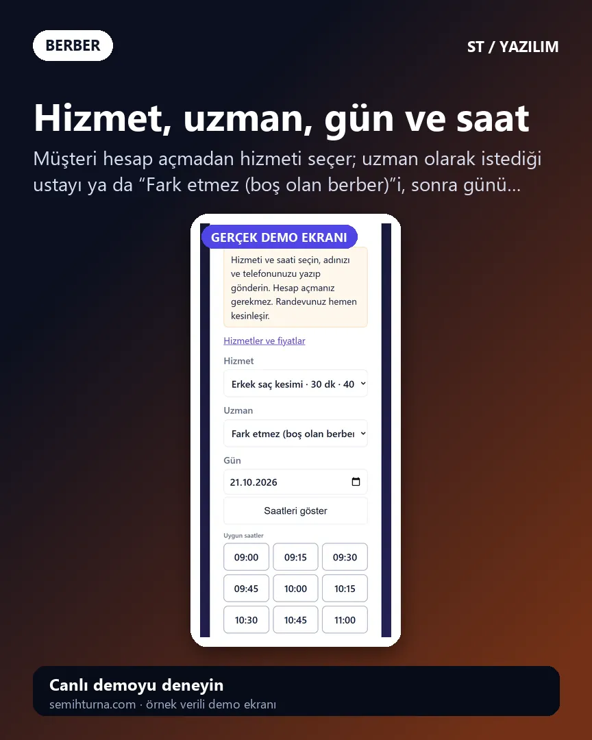 Berber Randevu ve İşletme Takibi, Hizmet, uzman, gün ve saat