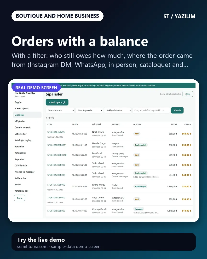 Boutique Order and Stock Panel, Orders with a balance