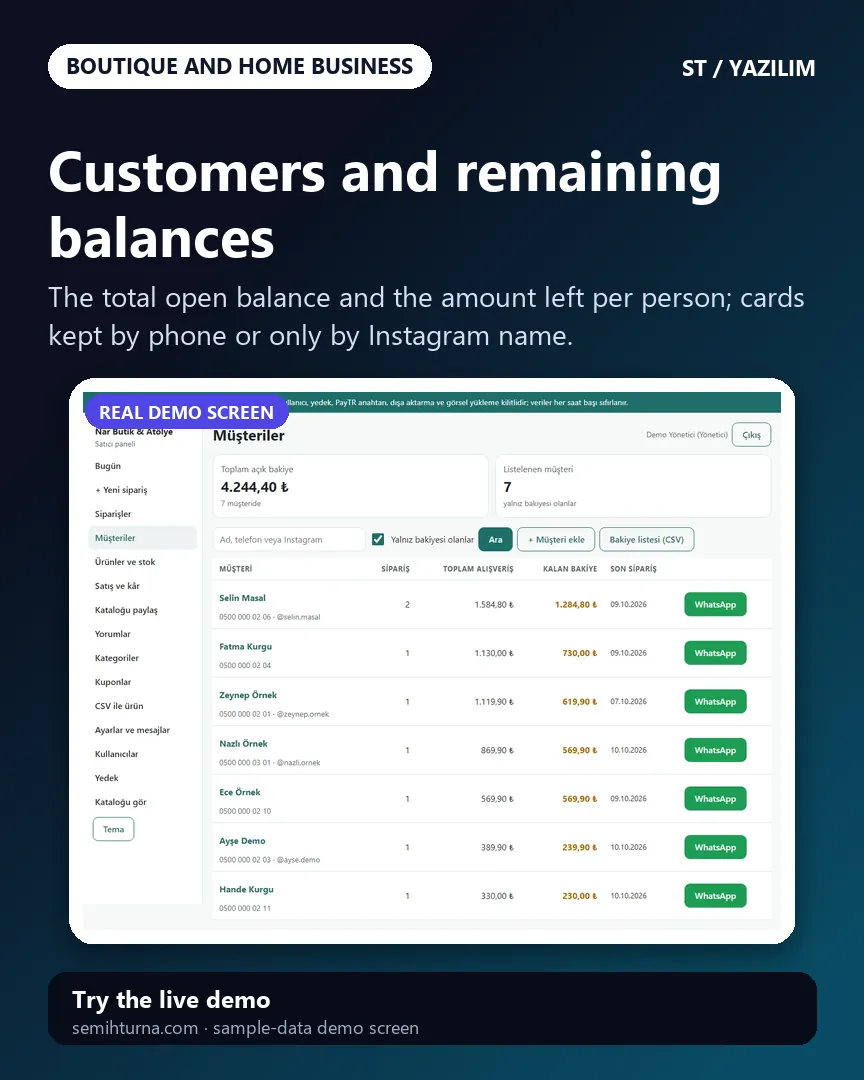 Boutique Order and Stock Panel, Customers and remaining balances