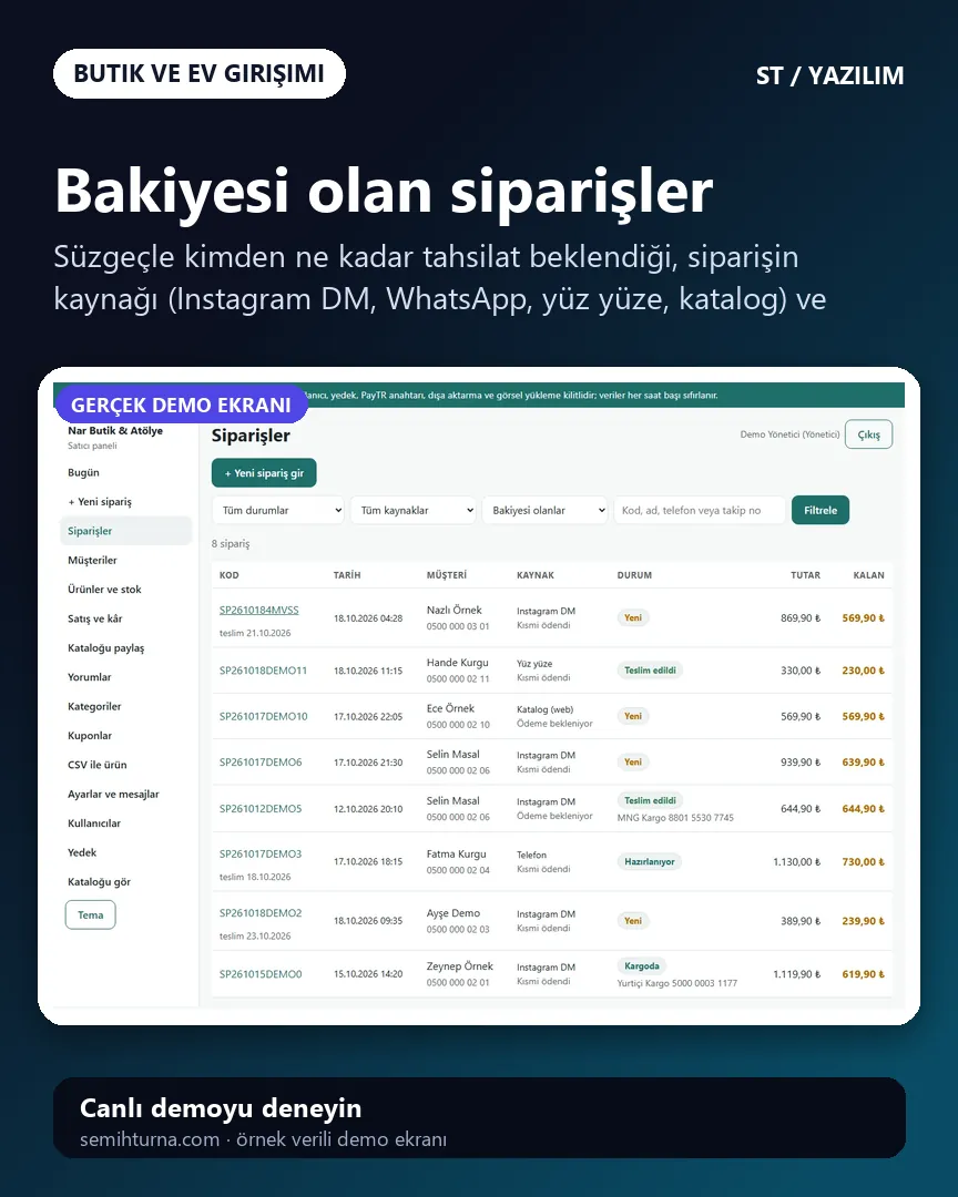Butik Sipariş ve Stok Paneli, Bakiyesi olan siparişler