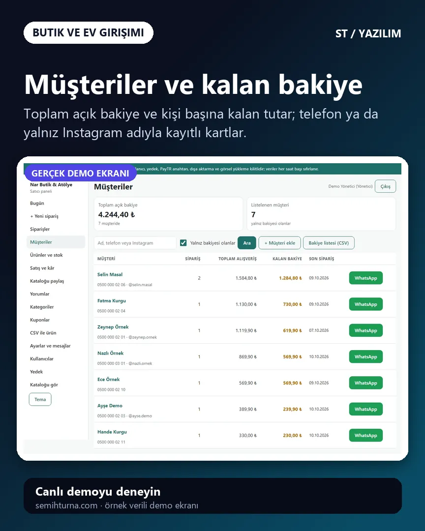 Butik Sipariş ve Stok Paneli, Müşteriler ve kalan bakiye