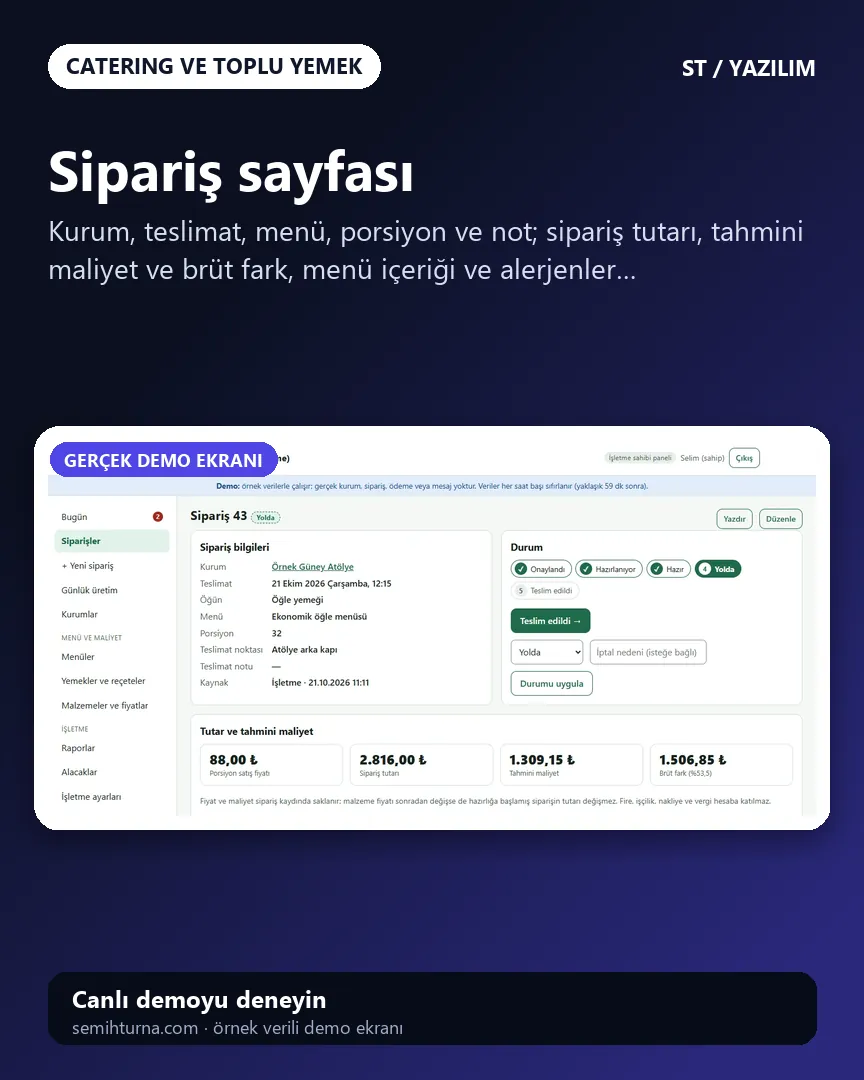 Catering Firma Yönetimi, Sipariş sayfası
