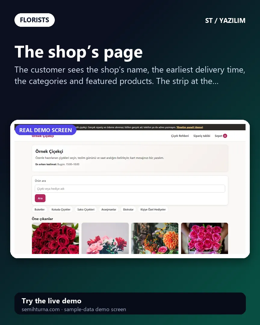 Florist order and delivery software, The shop’s page