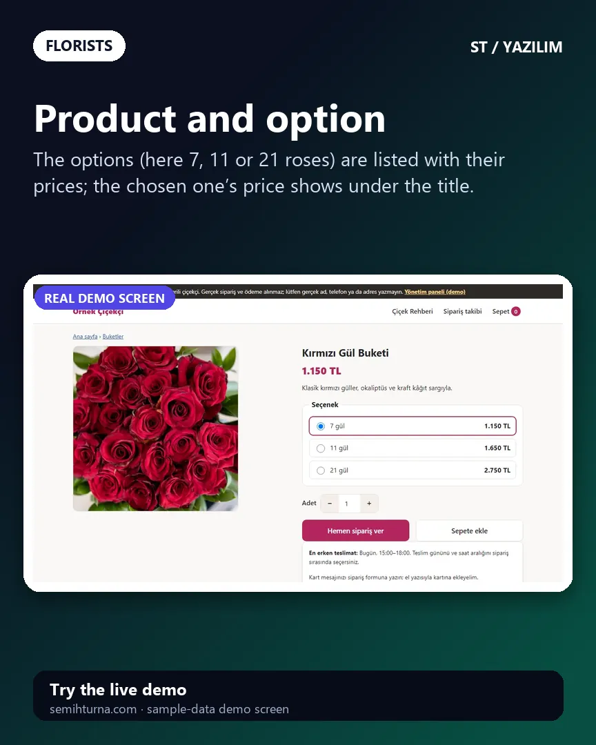 Florist order and delivery software, Product and option
