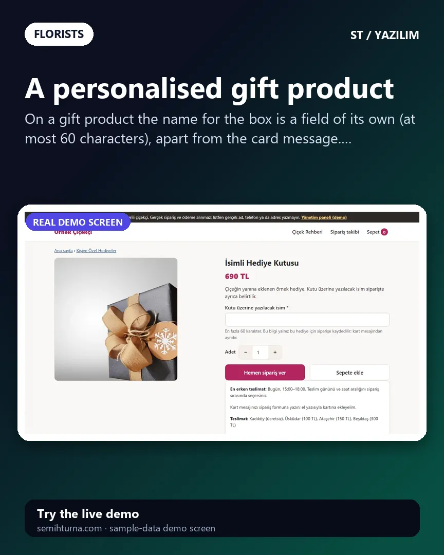 Florist order and delivery software, A personalised gift product