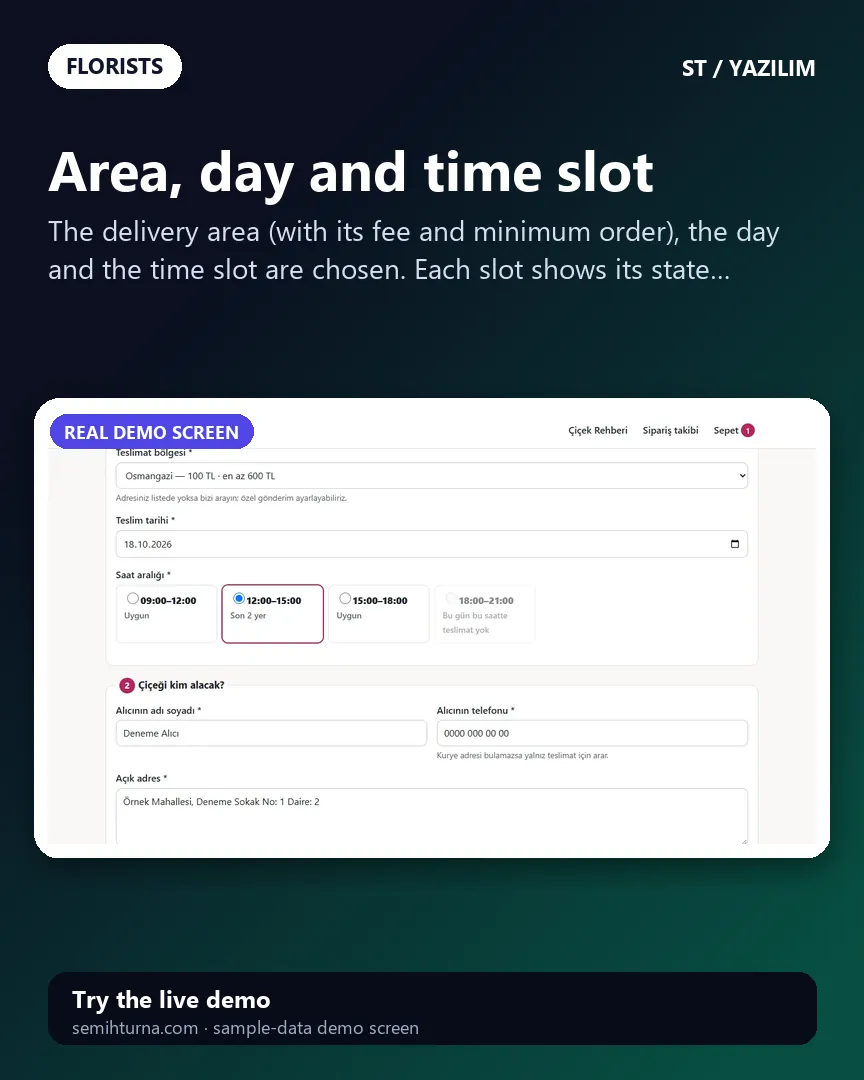 Florist order and delivery software, Area, day and time slot