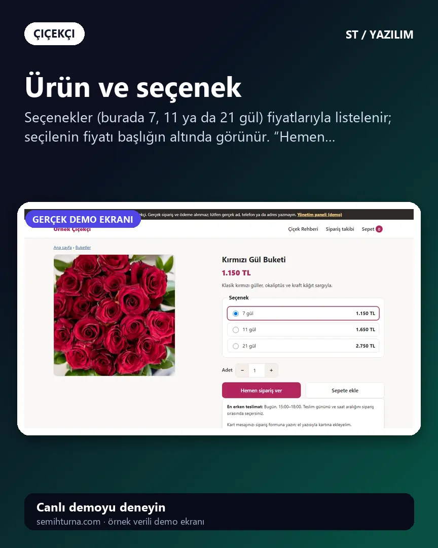 Çiçekçi sipariş ve teslimat yazılımı, Ürün ve seçenek