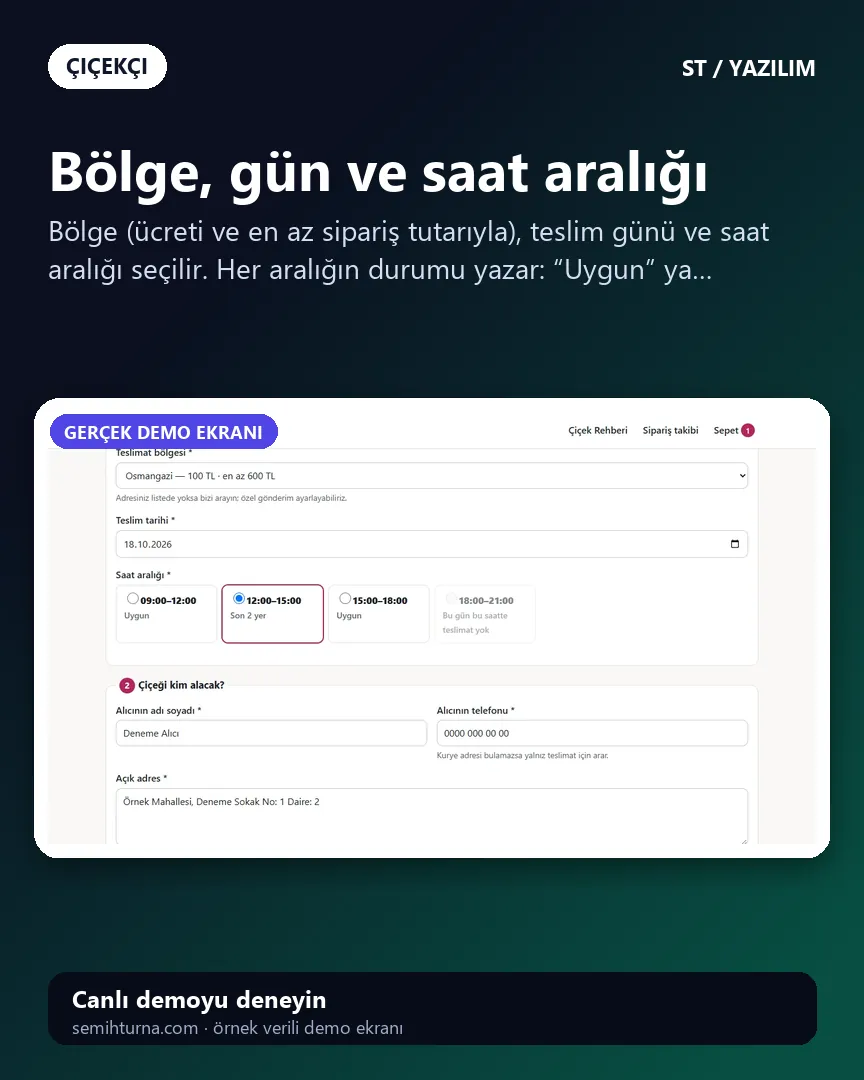 Çiçekçi sipariş ve teslimat yazılımı, Bölge, gün ve saat aralığı