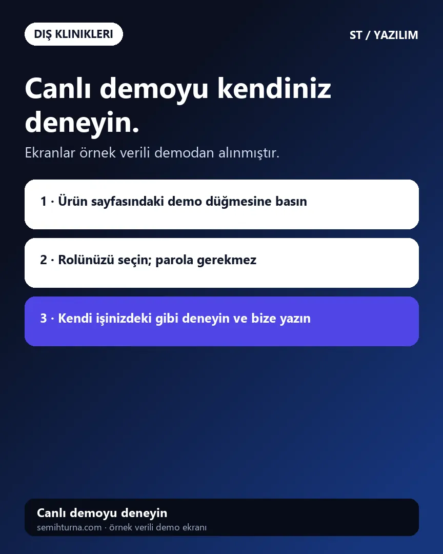 Diş Kliniği Randevu ve Hasta Takibi, Canlı demoyu kendiniz deneyin.