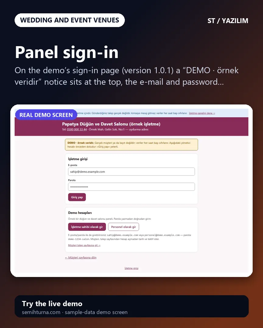 Wedding Venue Booking and Quote Management, Panel sign-in