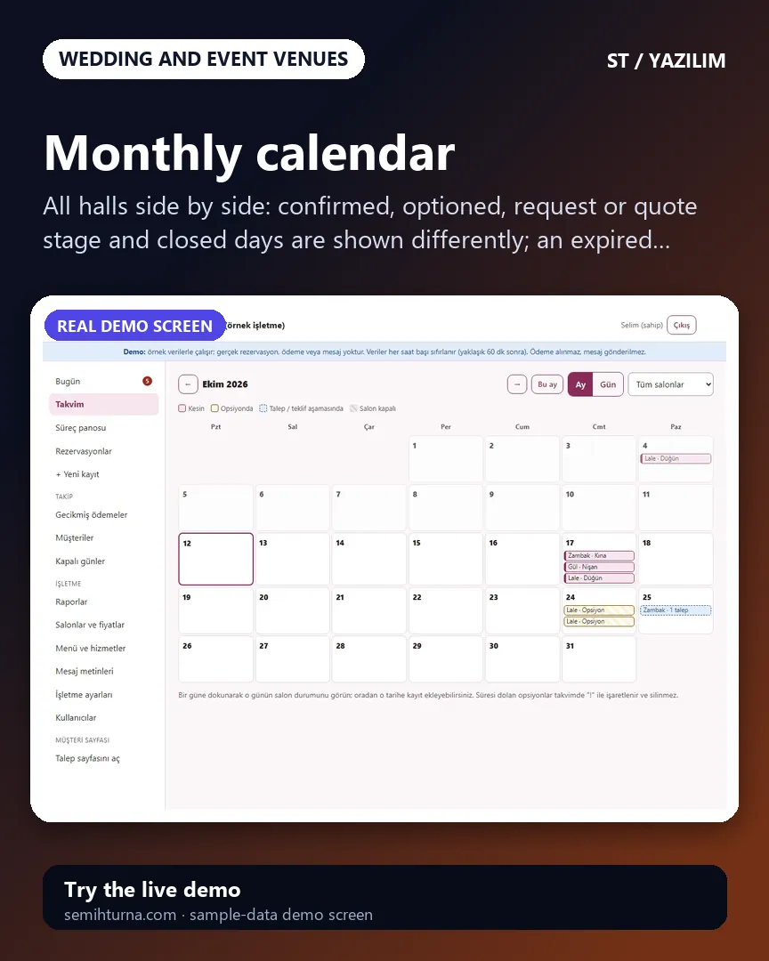 Wedding Venue Booking and Quote Management, Monthly calendar