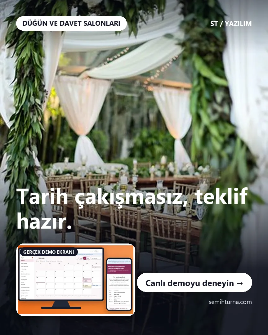 Düğün Salonu Rezervasyon ve Teklif Yönetimi, Tarih çakışmasız, teklif hazır.
