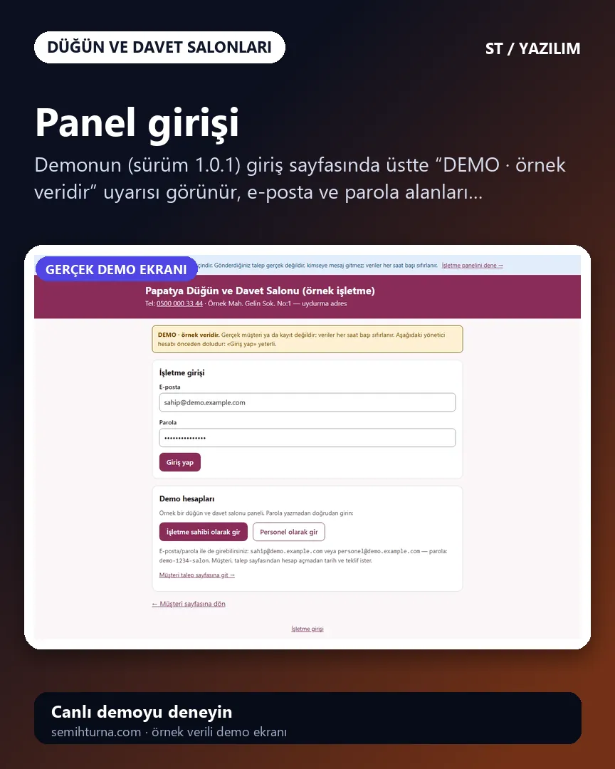 Düğün Salonu Rezervasyon ve Teklif Yönetimi, Panel girişi