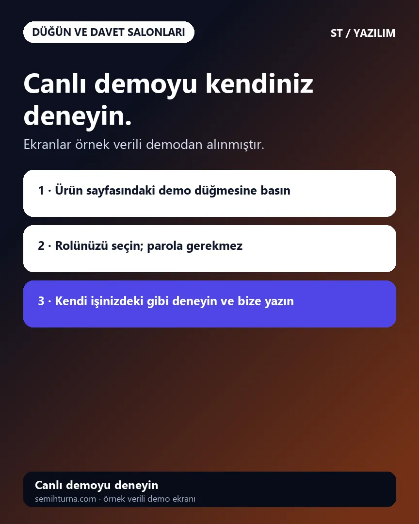 Düğün Salonu Rezervasyon ve Teklif Yönetimi, Canlı demoyu kendiniz deneyin.