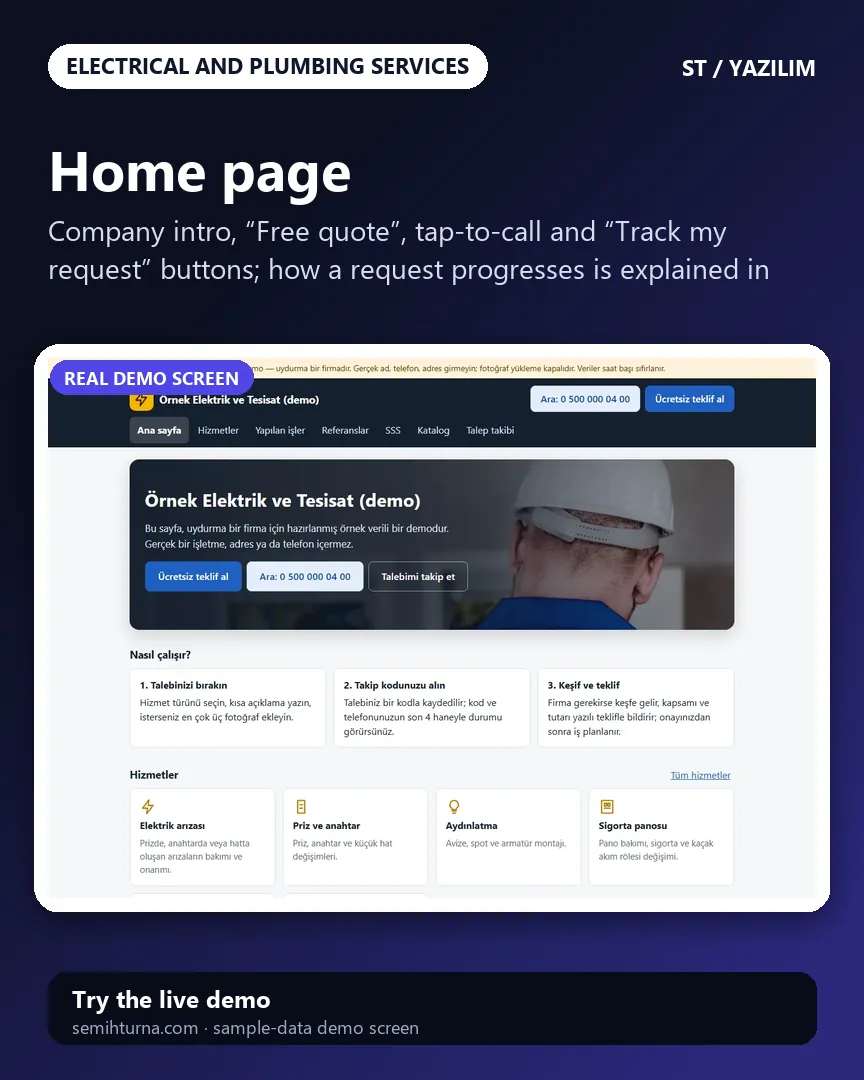 Electrical and Plumbing Service Requests and Job Tracking, Home page