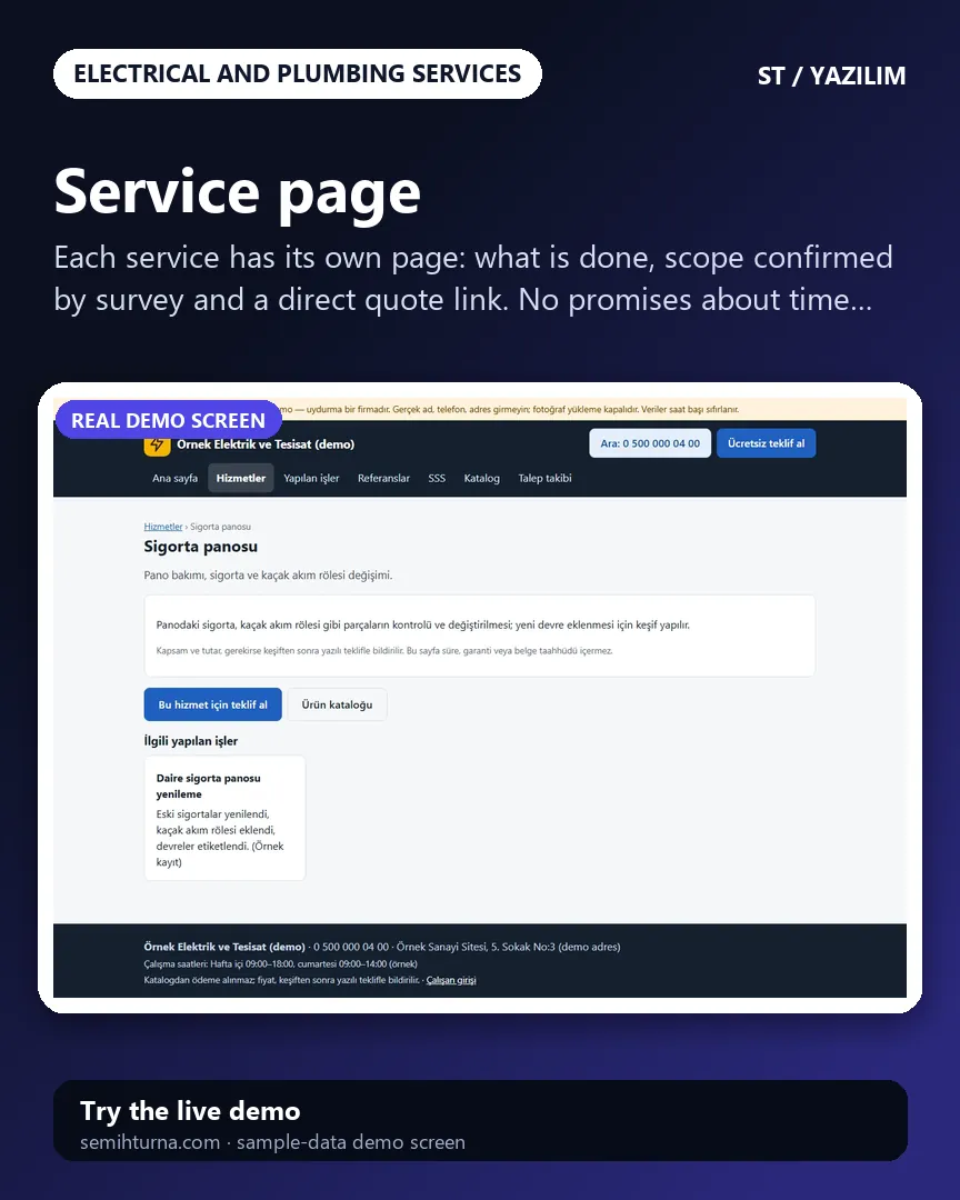 Electrical and Plumbing Service Requests and Job Tracking, Service page