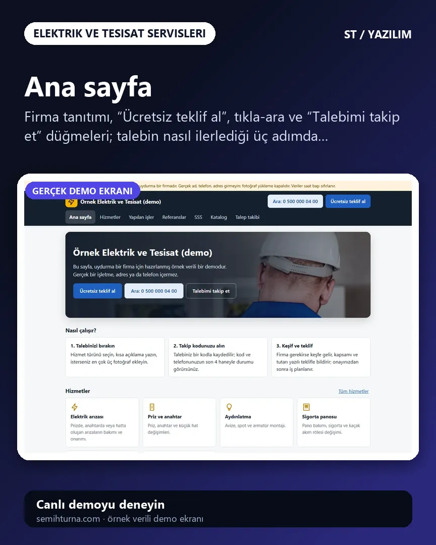 Elektrik ve Tesisat Servisi Talep ve İş Takibi, Ana sayfa