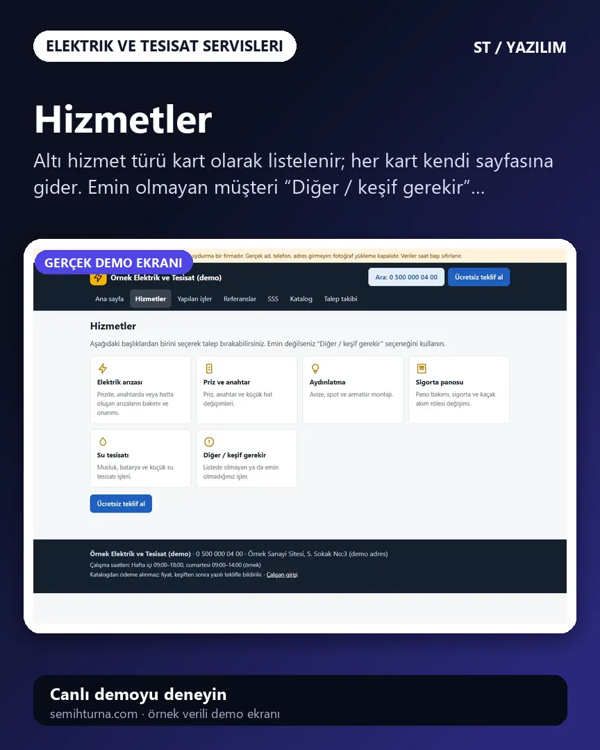 Elektrik ve Tesisat Servisi Talep ve İş Takibi, Hizmetler
