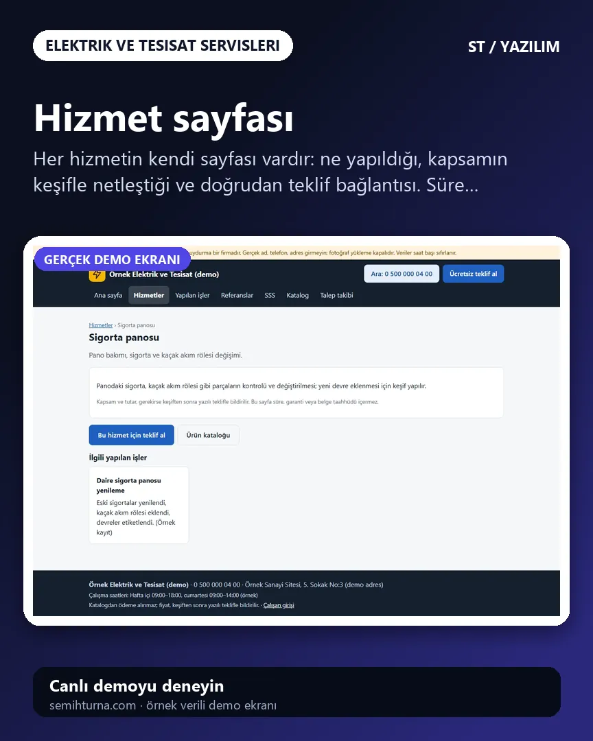 Elektrik ve Tesisat Servisi Talep ve İş Takibi, Hizmet sayfası