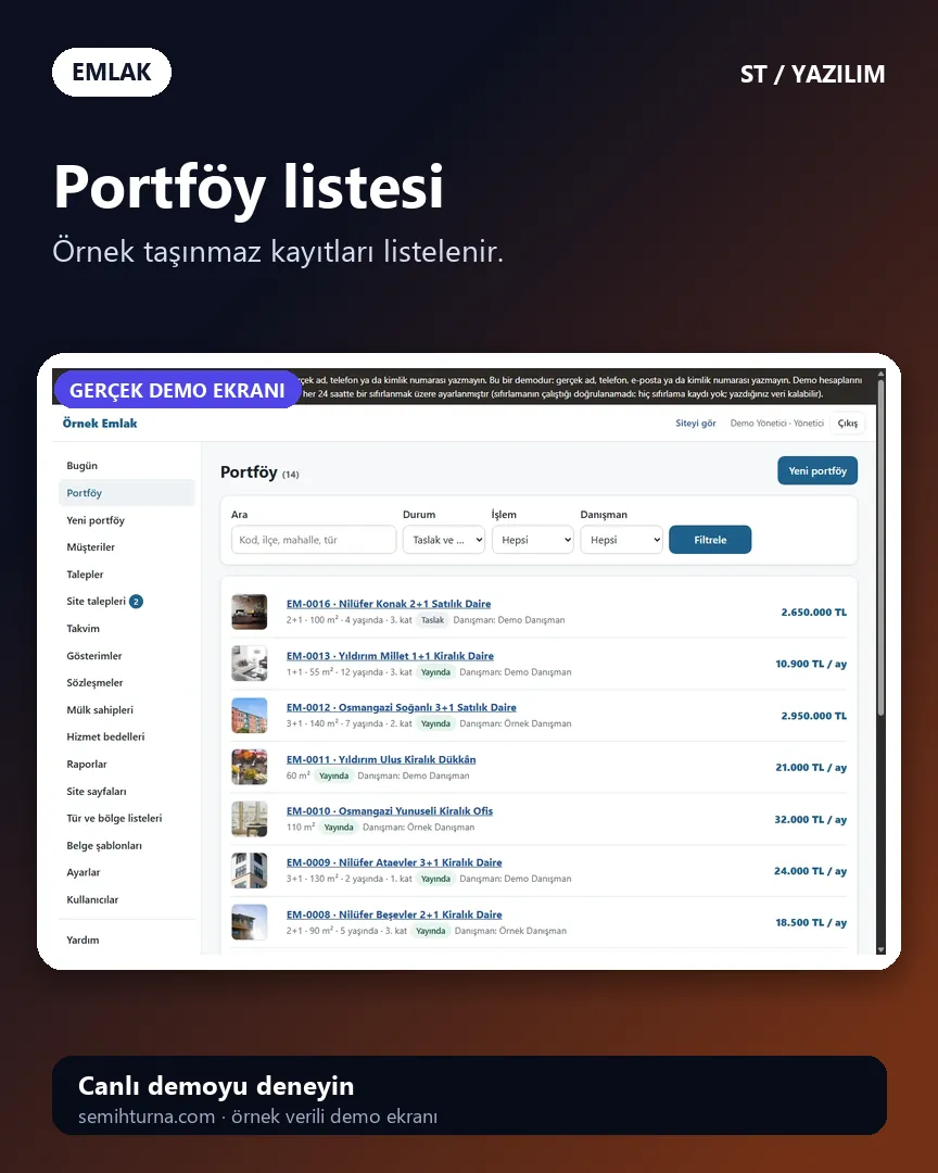 Emlak Ofisi Portföy ve Gösterim Takibi, Portföy listesi