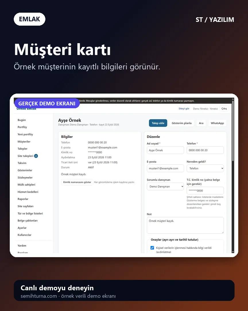 Emlak Ofisi Portföy ve Gösterim Takibi, Müşteri kartı