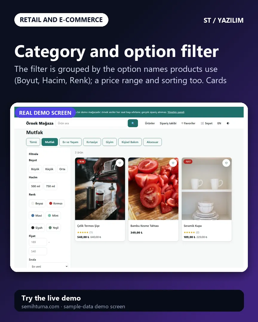 Ready-made e-commerce site and software, Category and option filter