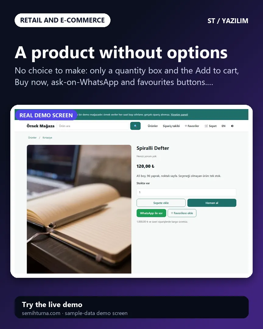 Ready-made e-commerce site and software, A product without options