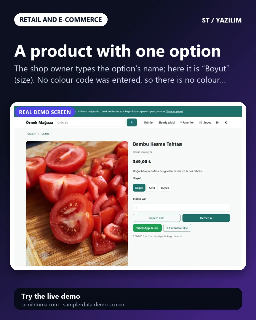 Ready-made e-commerce site and software, A product with one option