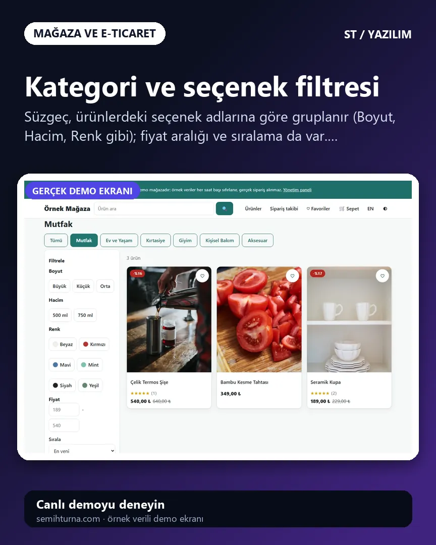 Hazır e-ticaret sitesi ve yazılımı, Kategori ve seçenek filtresi
