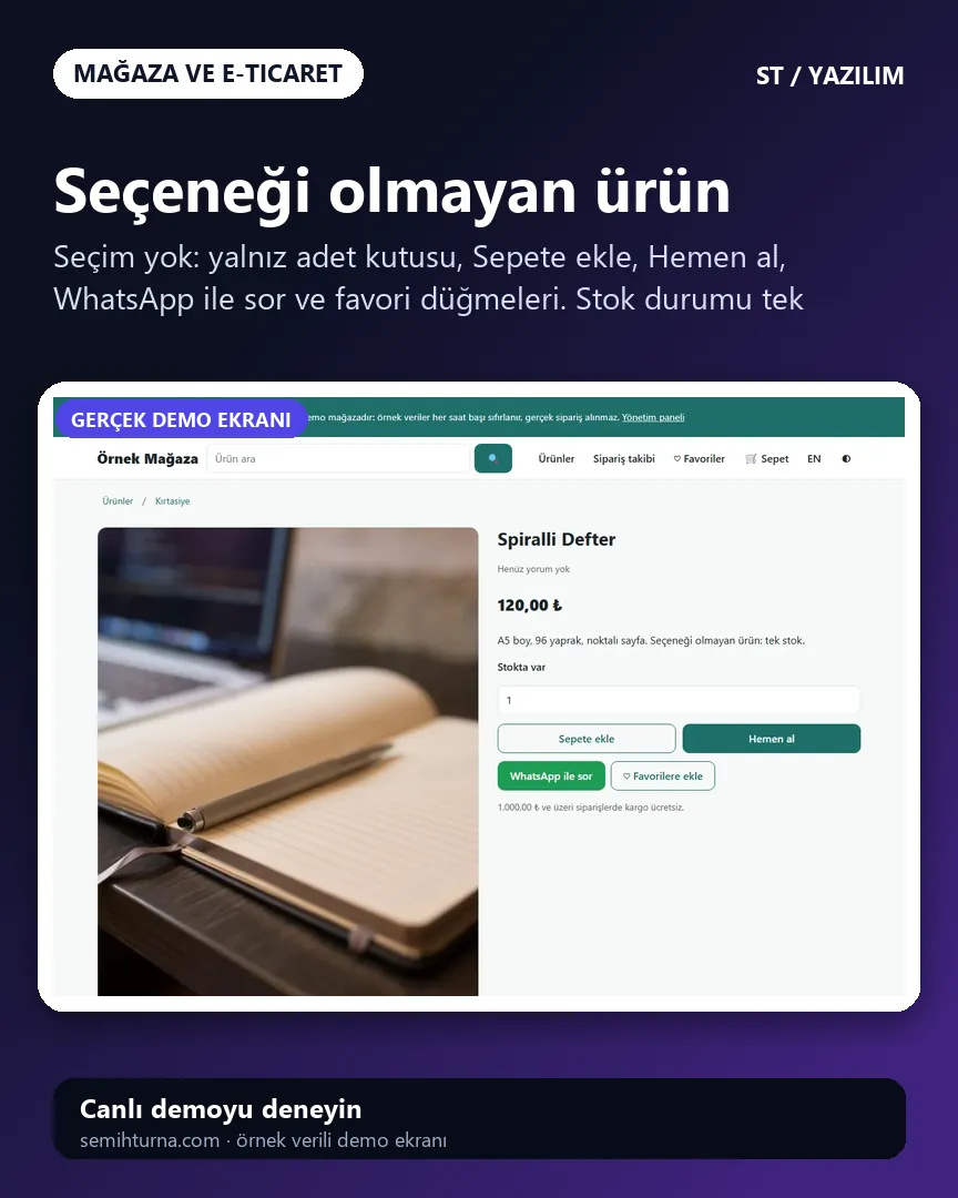 Hazır e-ticaret sitesi ve yazılımı, Seçeneği olmayan ürün