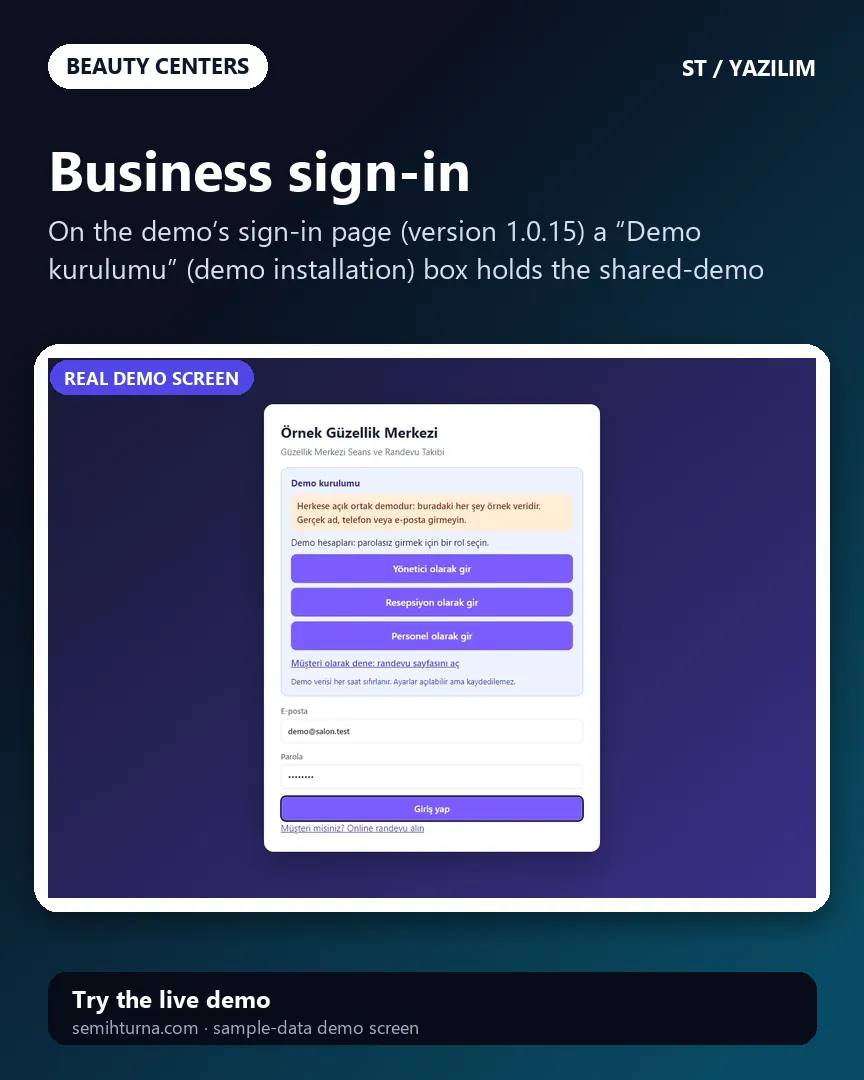 Beauty Center Sessions and Booking, Business sign-in