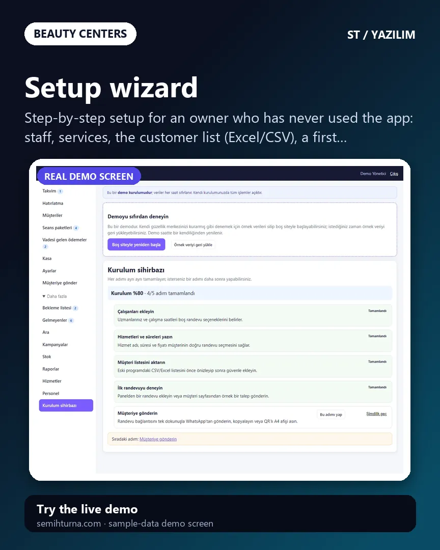 Beauty Center Sessions and Booking, Setup wizard