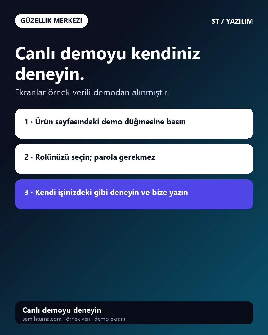 Güzellik Merkezi Seans ve Randevu Takibi, Canlı demoyu kendiniz deneyin.