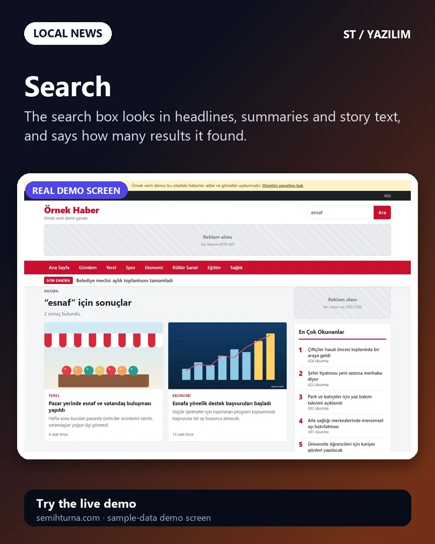 Local news website script, Search