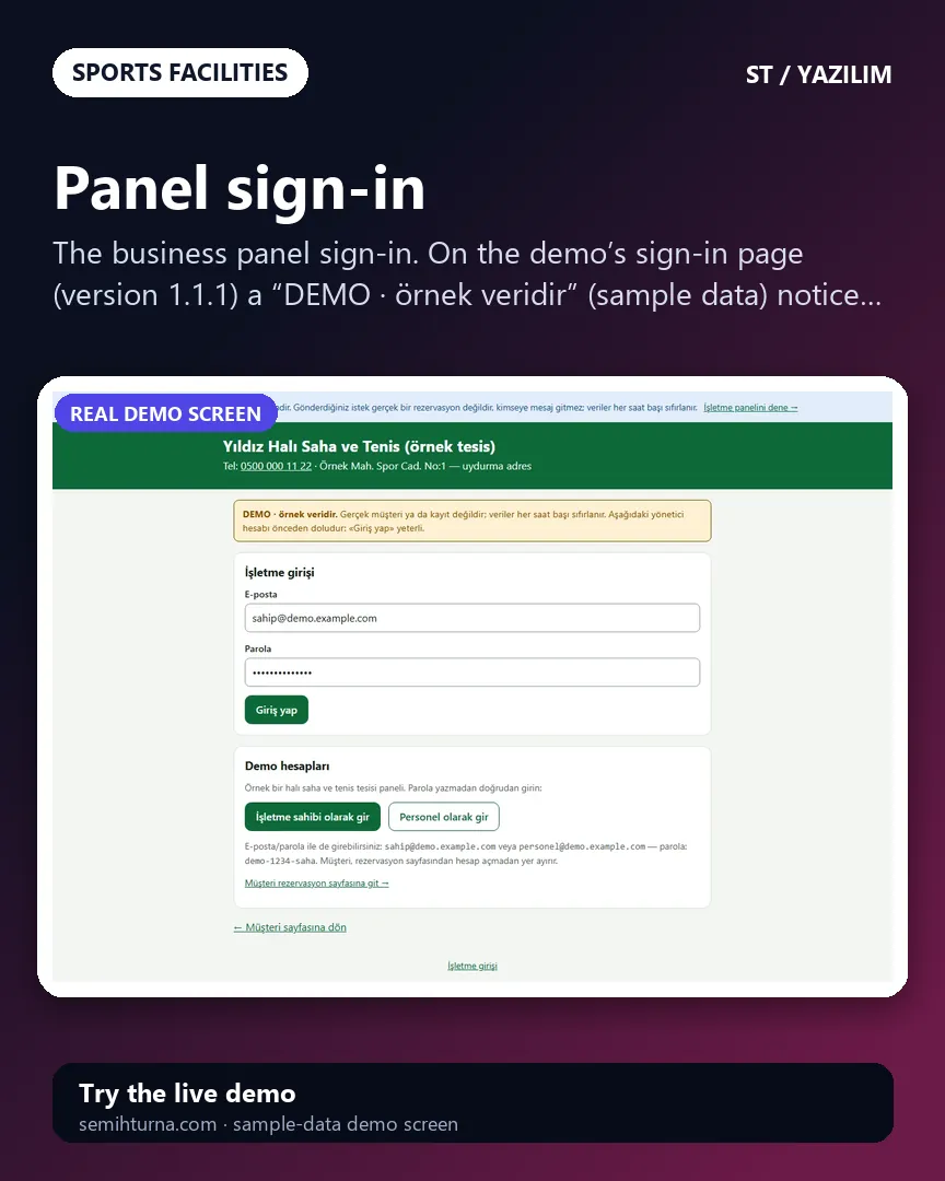 Football Pitch and Court Booking Management, Panel sign-in
