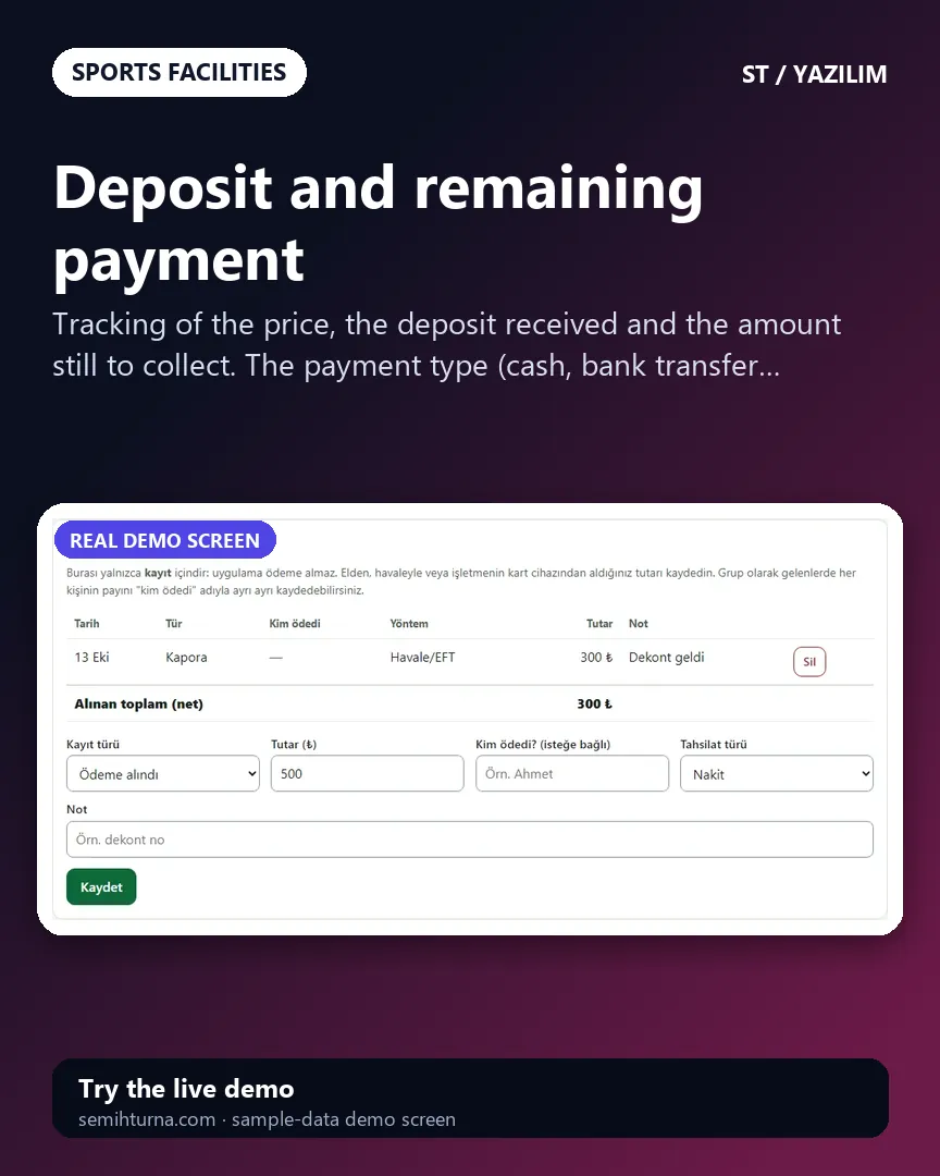 Football Pitch and Court Booking Management, Deposit and remaining payment