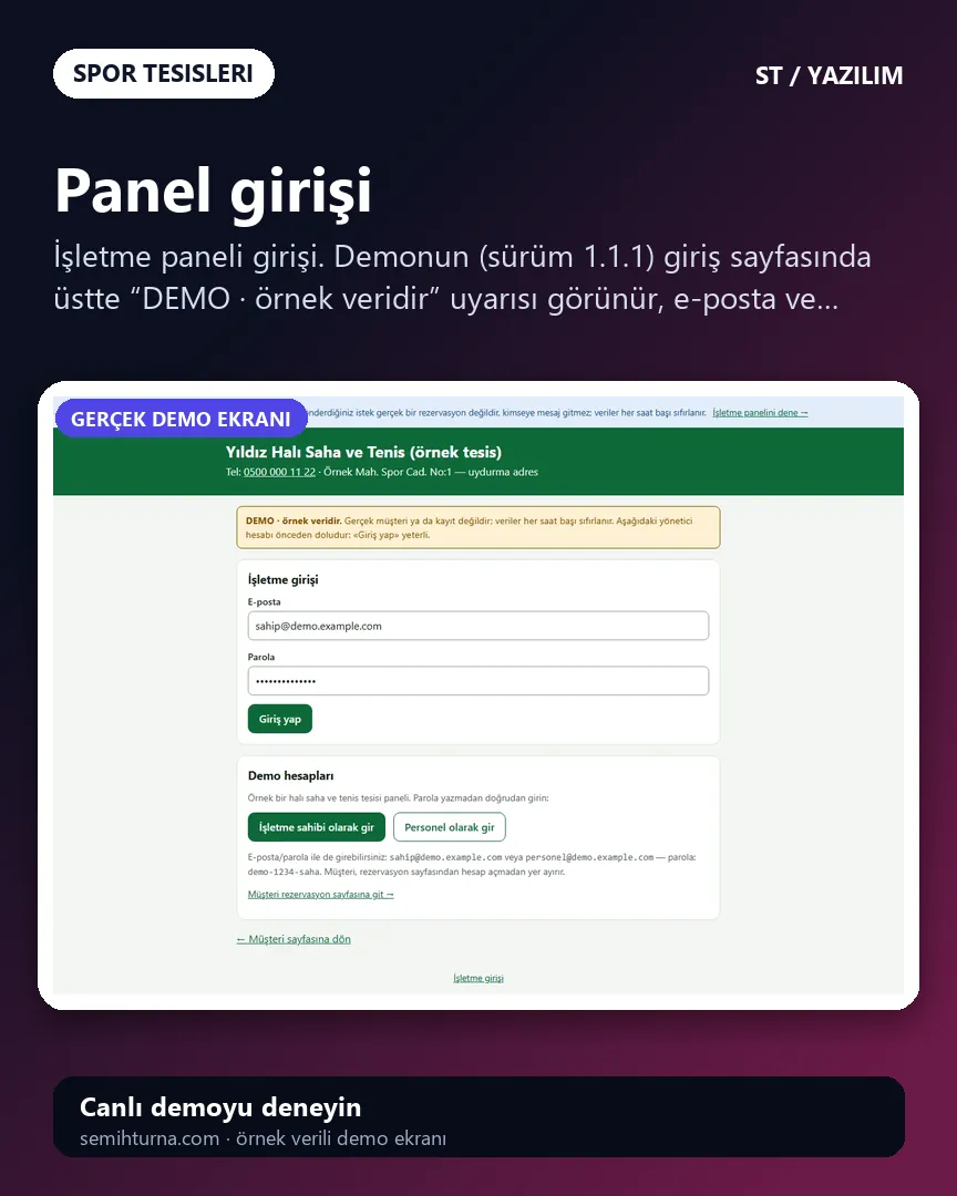 Halı Saha ve Kort Rezervasyon Yönetimi, Panel girişi