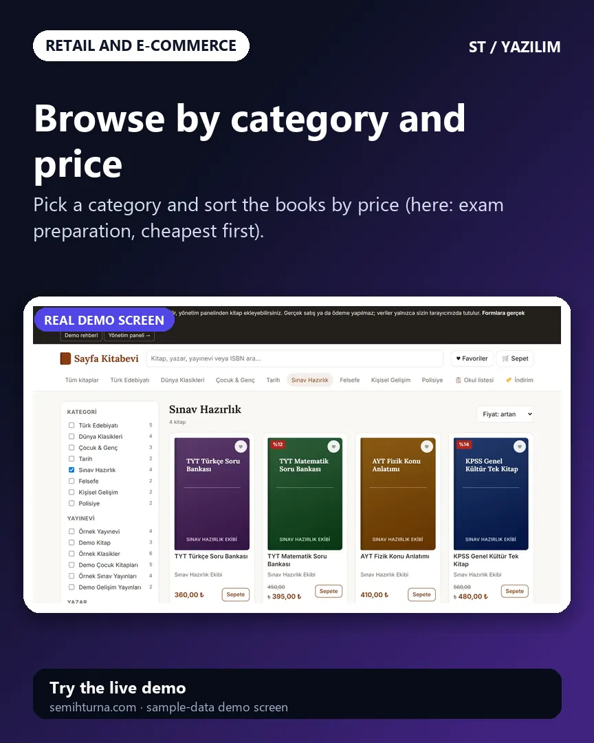 Online bookshop, Browse by category and price