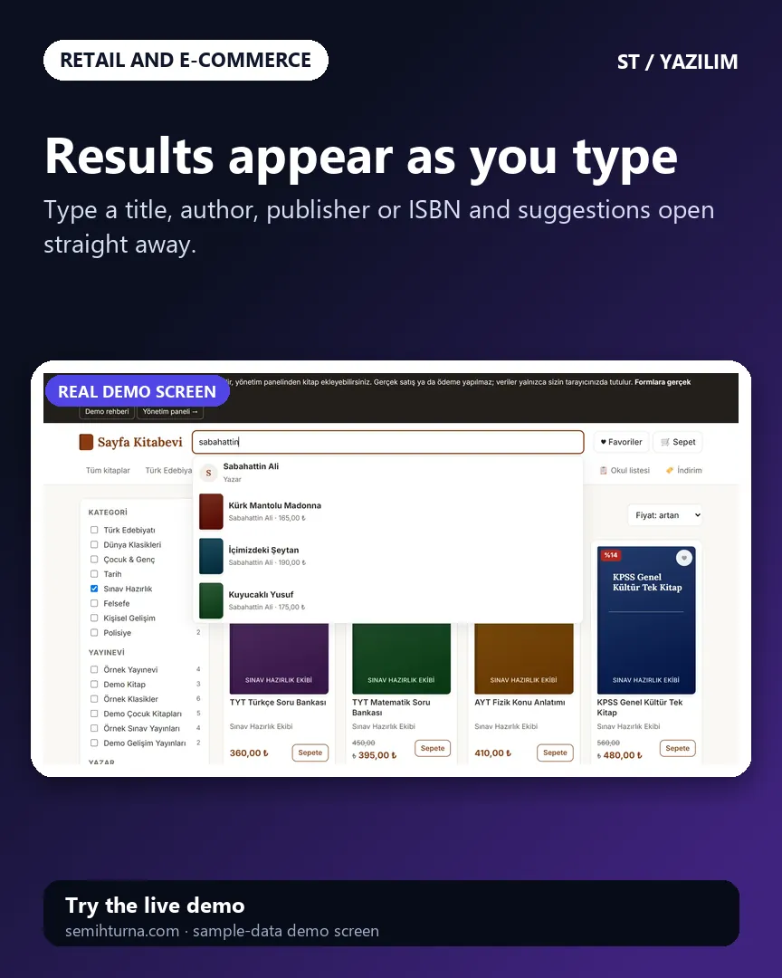 Online bookshop, Results appear as you type