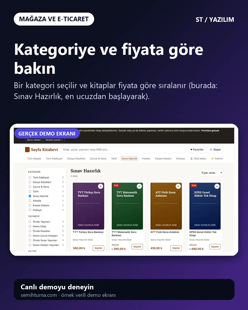 Kitap satış sitesi, Kategoriye ve fiyata göre bakın