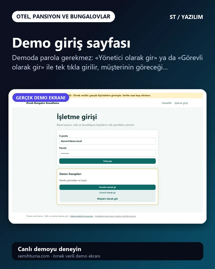 Otel, Pansiyon ve Bungalov Rezervasyon Takibi, Demo giriş sayfası