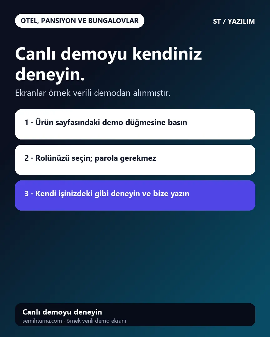Otel, Pansiyon ve Bungalov Rezervasyon Takibi, Canlı demoyu kendiniz deneyin.